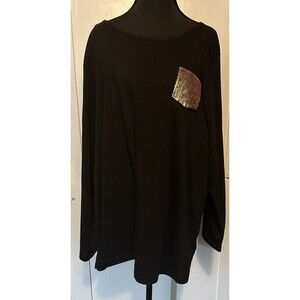 Quacker Factory Black Crew Neck Sequin Detail Pocket Long Sleeve Tunic Top 3X